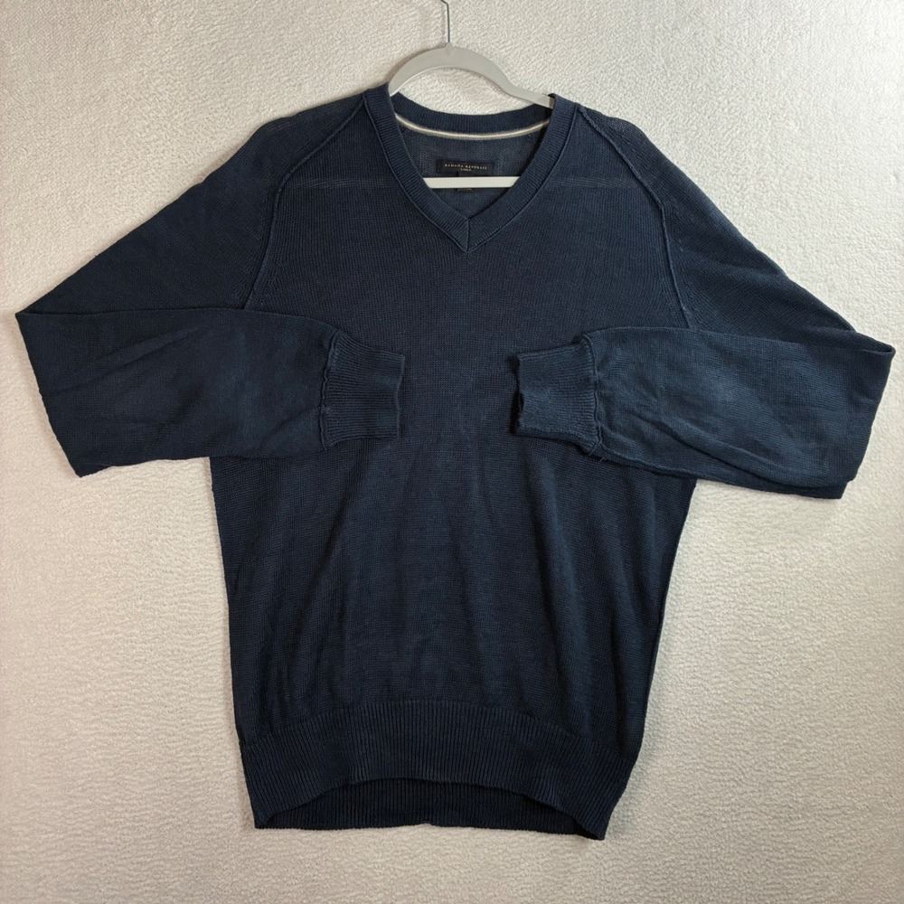Banana‎ Republic Linen Sweater Mens L Blue V Neck Long Sleeve Pullover Summer